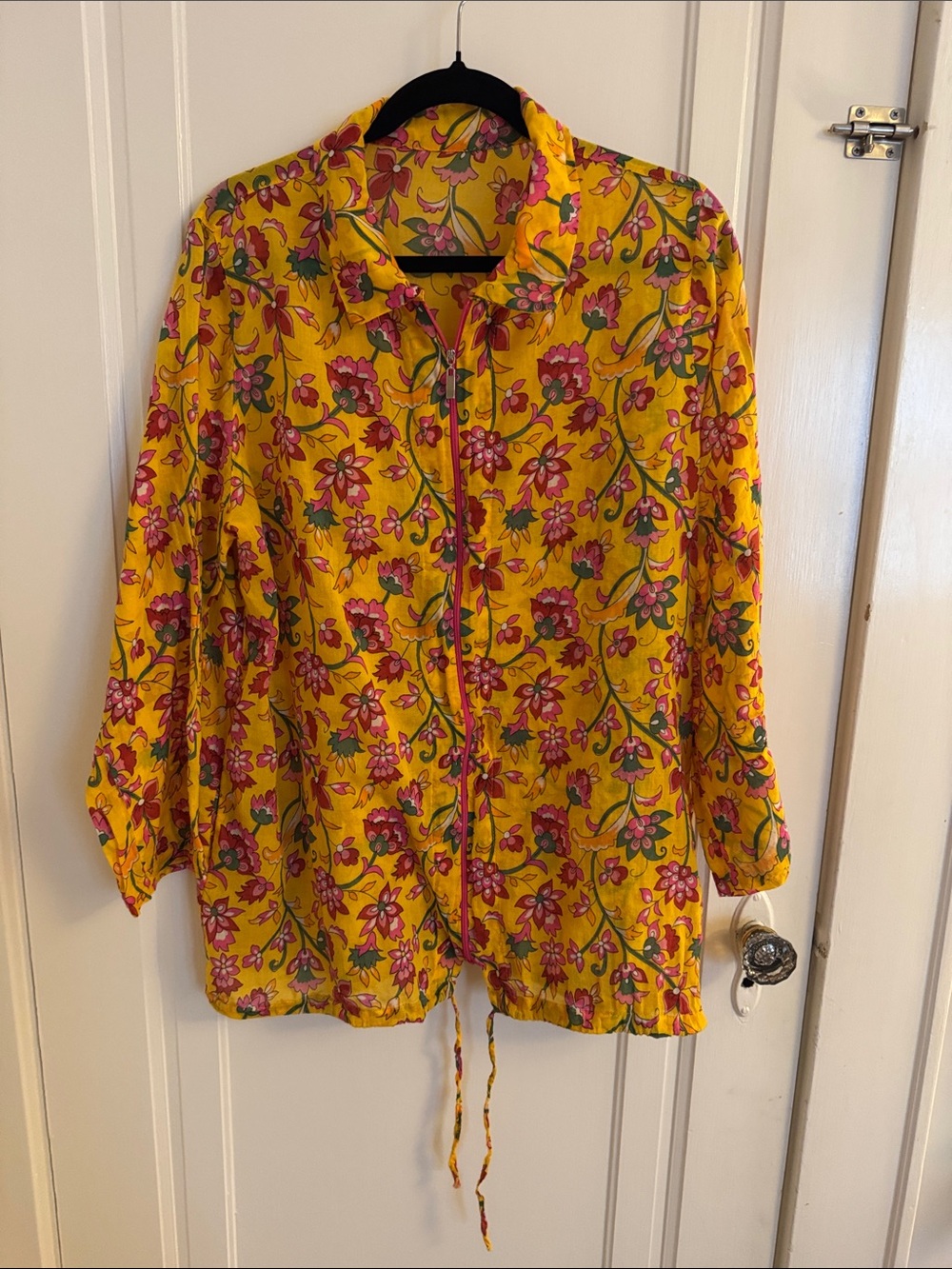 Yellow Floral Zip Front Shirt Jacket with Button Tab Sleeve